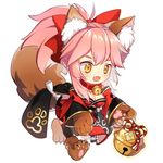  :3 animal_ears bell bell_collar breasts chibi cleavage collar fangs fate/grand_order fate_(series) fox_ears fox_tail hair_ribbon japanese_clothes large_breasts long_hair lowres open_mouth pink_hair ribbon simple_background solo tail tamamo_(fate)_(all) tamamo_cat_(fate) thighhighs white_background yellow_eyes youli_(yori) 