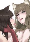  after_kiss animal_ears black_hair blush breasts brown_eyes brown_hair cat_ears girls_und_panzer gloves grey_eyes highres kiriko_works large_breasts looking_at_another multiple_girls nishizumi_shiho saliva saliva_trail shimada_chiyo simple_background sweat tongue tongue_out white_background yuri 