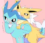  blush censored cum cum_in_pussy cum_inside eeveelution female from_behind_position japanese_text jolteon male male/female nintendo penetration penis pok&eacute;mon pussy retsuo sex text vaginal vaginal_penetration vaporeon video_games 