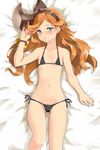  bed_sheet bikini black_bikini blue_eyes blush brown_hair flat_chest granblue_fantasy hairband highres long_hair looking_at_viewer lying on_back peperoncirno sara_(granblue_fantasy) side-tie_bikini solo swimsuit 