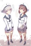  arms_at_sides arms_behind_back blue_eyes brown_eyes brown_hair clothes_writing dress full_body hat kantai_collection looking_at_viewer military military_uniform multiple_girls open_mouth perspective sailor_collar sailor_dress sailor_hat see-through short_dress short_hair silver_bell silver_hair translation_request uniform white_hat z1_leberecht_maass_(kantai_collection) z3_max_schultz_(kantai_collection) 