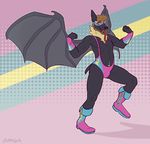  2016 anthro athletic bat boots clothed clothing cmyk flying_fox footwear fruit_bat gloves junga leotard male mammal mask muscular open_mouth smile solo tongue tongue_out wings wrestler 