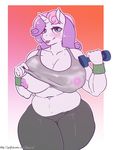  2016 aged_up anthro anthrofied areola arnachy big_breasts blush border breasts clothed clothing clothing_lift dumbbell equine female friendship_is_magic gradient_background green_eyes hair holding_object horn long_hair looking_at_viewer mammal multicolored_hair muscular muscular_female my_little_pony nipples pink_hair purple_hair shirt shirt_lift simple_background slightly_chubby solo sweat sweatband sweetie_belle_(mlp) tank_top tongue tongue_out two_tone_hair unicorn weights white_border 