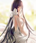  absurdres bangs bare_back bare_shoulders black_hair blunt_bangs bow brown_eyes dress from_side highres lens_flare lips long_hair looking_at_viewer original realistic sitting solo soo_kyung_oh very_long_hair wedding_dress white_bow white_dress 
