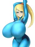  1girl arms_over_head blonde_hair blue_eyes breasts eyes_visible_through_hair gigantic_breasts long_hair looking_at_viewer metroid open_mouth ponytail samus_aran sinensian smile solo white_background zero_suit 