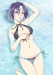  arm_up bare_legs bikini black_bikini blush breasts hair_intakes kantai_collection looking_at_viewer lying medium_breasts mujuuryoku_kantai navel on_back partially_submerged purple_eyes purple_hair side-tie_bikini solo swimsuit tatsuta_(kantai_collection) 