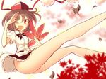  ass autumn_leaves bad_anatomy bad_proportions bare_legs black_hair hat kuresento leaf_fan long_legs miniskirt one_eye_closed open_mouth red_eyes shameimaru_aya skirt solo thighs tokin_hat touhou wind wind_lift 