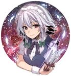  artist_name asa_(coco) blue_dress blush bow braid dress eyebrows eyebrows_visible_through_hair hair_bow holding holding_weapon izayoi_sakuya knife looking_at_viewer maid maid_headdress pink_eyes puffy_short_sleeves puffy_sleeves short_hair short_sleeves silver_hair smile solo touhou twin_braids upper_body weapon 