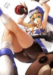  :o armpits bike_shorts black_gloves blonde_hair bridget_(guilty_gear) fingerless_gloves gloves green_eyes guilty_gear habit looking_at_viewer male_focus nun otoko_no_ko simple_background solo sowel_(sk3) stuffed_animal stuffed_toy teddy_bear white_background yo-yo 