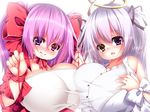 2girls blush bow breasts brown_eyes hair_bow heterochromia huge_breasts kur_(kur0320) long_hair looking_at_viewer multiple_girls open_mouth pink_eyes pink_hair purple_eyes shiny shiny_hair shiny_skin silver_hair smile upper_body 