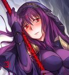  aliesta blush bodysuit breasts fate/grand_order fate_(series) gae_bolg holding holding_weapon large_breasts long_hair looking_away polearm purple_bodysuit purple_hair red_eyes scathach_(fate)_(all) scathach_(fate/grand_order) solo spear veil weapon 