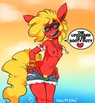  &lt;3 2016 anthro armband black_nipples black_nose black_sclera black_tongue blonde_hair breasts chest_tuft cinnamon_swirl clothed clothing cutoffs denim_shorts duckdraw eeveelution english_text female fingerless_gloves flareon flat_chested fur gloves glowing glowing_eyes hair inner_ear_fluff lifeguard looking_at_viewer nintendo nipples open_mouth pok&eacute;mon portrait pubes red_eyes red_fur shorts small_breasts solo speech_bubble text three-quarter_portrait tongue topless tuft undressing video_games whistle wide_hips 