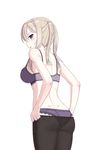  ass bad_id bad_pixiv_id black_legwear blonde_hair blush bra braid cnm dressing from_behind graf_zeppelin_(kantai_collection) kantai_collection lace lace-trimmed_bra lace-trimmed_panties long_hair looking_at_viewer looking_back open_mouth panties pantyhose profile purple_bra purple_eyes purple_panties putting_on_legwear sidelocks simple_background solo standing sweatdrop transparent_back_bra transparent_back_panties twin_braids underwear white_background 