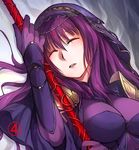  aliesta bodysuit breasts closed_eyes fate/grand_order fate_(series) gae_bolg holding holding_weapon large_breasts long_hair polearm purple_bodysuit purple_hair scathach_(fate)_(all) scathach_(fate/grand_order) solo spear veil weapon 