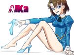  1girl agent_aika aika_(series) arm_support blue_delmo blue_eyes blue_footwear blue_jacket blue_skirt breasts brown_hair cadomium commentary_request copyright_name cravat delmogeny_uniform extra full_body high_heels highres jacket juliet_sleeves knees_up legs long_sleeves medium_breasts pencil_skirt puffy_sleeves simple_background sitting skirt taut_clothes thighs uniform 