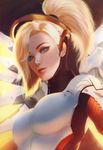  blonde_hair blue_eyes breastplate breasts eyelashes high_collar high_ponytail large_breasts lips looking_at_viewer mechanical_halo mechanical_wings mercy_(overwatch) overwatch parted_lips raikoart revision solo upper_body wings yellow_wings 