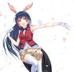  :d animal_ears bangs black_bow black_neckwear blue_hair bow bowtie bunny_ears center_frills clenched_hand confetti earrings gloves jewelry korekara_no_someday long_hair love_live! love_live!_school_idol_project open_mouth outstretched_hand shorts smile solo sonoda_umi striped thighhighs vertical-striped_shorts vertical_stripes waist_cape white_gloves white_legwear yamaishi_nohi yellow_eyes 