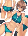  adapted_costume adjusting_clothes adjusting_swimsuit aqua_bikini aqua_eyes ass bikini black_gloves breasts brown_hair cafe_au_lait_(kafeore) dutch_angle gloves hair_between_eyes hair_ornament hat kantai_collection looking_at_viewer maya_(kantai_collection) medium_breasts mini_hat multiple_views navel open_mouth remodel_(kantai_collection) short_hair sketch sports_bikini stomach swimsuit thighs x_hair_ornament 