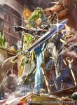  armor armored_boots beard boots bottle brown_eyes copyright_name dice facial_hair fingerless_gloves fire_emblem fire_emblem_cipher gloves green_hair hair_over_one_eye horse lando_(fire_emblem) lantern long_hair low_ponytail male_focus mayo_(becky2006) money official_art solo sword weapon 