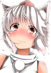  animal_ears blush crying crying_with_eyes_open eyebrows eyebrows_visible_through_hair fang hat highres inubashiri_momiji looking_at_viewer red_eyes shishi_juuroku short_hair simple_background solo tears thick_eyebrows tokin_hat touhou upper_body white_background white_hair wolf_ears 
