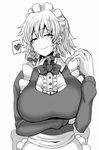  alternate_breast_size apron blush bow bowtie braid breast_hold breasts chin_(motio7201) commentary_request gloves greyscale hair_bow heart izayoi_sakuya large_breasts long_sleeves looking_at_viewer maid maid_headdress monochrome smile solo spoken_heart touhou twin_braids upper_body waist_apron 