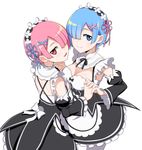  blue_eyes blue_hair blue_ribbon breasts cleavage hair_ornament hair_over_one_eye hair_ribbon holding_hands interlocked_fingers looking_at_viewer maid maid_headdress medium_breasts multiple_girls nanashino pink_eyes pink_hair pink_ribbon ram_(re:zero) re:zero_kara_hajimeru_isekai_seikatsu rem_(re:zero) ribbon short_hair siblings simple_background sisters smile twins white_background x_hair_ornament 