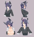 blush breasts breasts_outside eyepatch headgear highres kantai_collection large_breasts looking_at_viewer looking_to_the_side multiple_views necktie nipples open_clothes open_shirt purple_hair shirt short_hair tenryuu_(kantai_collection) tsurugi_muda upper_body yellow_eyes 