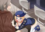  1girl airplane_interior backwards_hat bad_id bad_pixiv_id beard blonde_hair blue_buruma blue_eyes blue_footwear blue_vest blurry blush braid breasts brown_shirt buruma censored cleavage commentary_request cum cum_in_mouth cum_on_tongue depth_of_field facial_hair garter_straps grey_hair hat hetero kaetzchen lace lace-trimmed_thighhighs large_breasts mosaic_censoring new_jersey_(belated_battleships) open_mouth original penis puffer_jacket scarf shirt shoes smile thighhighs uss_new_jersey_(bb-62) vest watch white_legwear wide-eyed 
