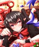  asymmetrical_wings black_dress black_hair blush chocolate dress fork highres houjuu_nue lying on_stomach red_eyes short_hair smile solo star thighhighs touhou ufo valentine wings zan_(harukahime) 