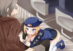  1girl airplane_interior angry backwards_hat bad_id bad_pixiv_id beard blonde_hair blue_buruma blue_eyes blue_footwear blue_vest blurry blush braid breasts brown_shirt buruma censored cleavage commentary_request depth_of_field facial_hair fellatio garter_straps grey_hair hat hetero kaetzchen lace lace-trimmed_thighhighs large_breasts mosaic_censoring new_jersey_(belated_battleships) open_mouth oral original penis puffer_jacket scarf shirt shoes thighhighs uss_new_jersey_(bb-62) vest watch white_legwear wide-eyed 