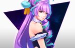  bare_shoulders hair_ornament houkagi_yuu idol_clothes long_hair macross macross_delta mikumo_guynemer multicolored_hair purple_hair red_eyes solo walkure_(macross_delta) 