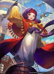  bird blush cape child copyright_name day fire_emblem fire_emblem:_souen_no_kiseki fire_emblem_cipher headband lack long_hair official_art open_mouth orange_eyes purple_hair sanaki_kirsch_altina ship sky solo teeth watercraft 