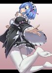  blue_eyes blue_hair breasts detached_sleeves feet from_side hair_ornament hair_ribbon highres large_breasts letterboxed maid no_shoes pantyhose pink_ribbon re:zero_kara_hajimeru_isekai_seikatsu rem_(re:zero) ribbon short_hair solo white_legwear wide_sleeves worldless x_hair_ornament 