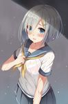  blue_eyes blush bra breasts commentary_request eyes_visible_through_hair hair_ornament hair_over_one_eye hairclip hamakaze_(kantai_collection) harimoji kantai_collection looking_at_viewer medium_breasts neckerchief open_mouth pink_bra pleated_skirt school_uniform see-through serafuku short_hair short_sleeves silver_hair skirt solo underwear wet wet_clothes yellow_neckwear 