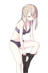  bad_id bad_pixiv_id black_legwear blonde_hair blush bow bow_panties bra braid breasts closed_eyes cnm collarbone dressing graf_zeppelin_(kantai_collection) kantai_collection lace lace-trimmed_bra lace-trimmed_panties leg_lift long_hair medium_breasts pale_skin panties pantyhose purple_bra purple_panties putting_on_legwear sidelocks simple_background solo standing standing_on_one_leg transparent_back_bra underwear underwear_only white_background 