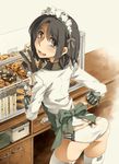  apron ass black_hair brown_eyes display_case food from_behind gloves highres kasetsu_03 looking_at_viewer looking_back maid_headdress muffin open_mouth original panties sandwich short_hair smile solo thighhighs underwear v watch wavy_mouth white_legwear 