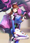  :o animal_print armor ass bangs blush bodysuit boots breasts brown_eyes brown_hair bunny bunny_print character_name charm_(object) covered_nipples d.va_(overwatch) eyebrows eyebrows_visible_through_hair facepaint facial_mark from_side gloves gun headphones high_collar high_heel_boots high_heels highres leg_up legs_up lips lipstick long_hair makeup maorzshu mecha medium_breasts meka_(overwatch) open_mouth overwatch parted_bangs pilot_suit pink_lips shoulder_pads skin_tight solo standing standing_on_one_leg thigh_boots thighhighs turtleneck weapon whisker_markings white_footwear white_gloves 