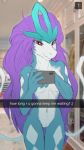  1oi 2019 absurd_res alternate_version_at_source anthro blush breast_squish breasts canine cellphone detailed_background digital_media_(artwork) english_text female fur hair hi_res legendary_pok&eacute;mon mammal nintendo nude phone pok&eacute;mon pok&eacute;mon_(species) purple_hair pussy red_eyes selfie smile snapchat solo suicune text video_games 