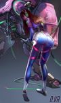  ass bodysuit brown_hair character_name d.va_(overwatch) damaged facial_mark from_behind full_body gloves headphones headset highres leaning_forward long_hair looking_at_viewer looking_back mecha meka_(overwatch) overwatch parted_lips pilot_suit rikamello solo standing watermark web_address whisker_markings white_gloves wire 