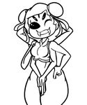  arachnid arthropod fangs female looking_at_viewer monochrome muffet multi_eye multi_limb one_eye_closed solo spider thick_thighs undertale unknown_artist video_games wink 