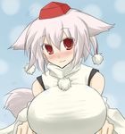  animal_ears bare_shoulders blush breasts detached_sleeves hat huge_breasts inubashiri_momiji oro_(zetsubou_girl) pom_pom_(clothes) red_eyes short_hair silver_hair solo tail tokin_hat touhou wide_sleeves wolf_ears wolf_tail 
