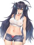  ahoge arms_at_sides bare_arms bare_shoulders black_hair breasts brown_eyes closed_mouth collarbone covered_nipples cowboy_shot denim denim_shorts dutch_angle half-closed_eyes hips jitome large_breasts long_hair midriff navel nipples open_clothes open_fly open_shorts original panties pepe_(jonasan) see-through short_shorts shorts simple_background solo stomach tank_top thigh_gap twintails underwear very_long_hair 