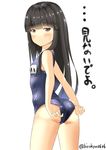 ass black_hair brown_eyes from_behind hatsuyuki_(kantai_collection) hirokyon0606 kantai_collection long_hair looking_back school_swimsuit solo swimsuit translation_request 