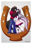  anthro clothed clothing duo ear_piercing equine eyes_closed female hi_res hooves horse horseshoe male male/female mammal piercing simple_background smile standing sweetsushi 