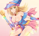  ass bare_shoulders blonde_hair blue_gloves blush_stickers breasts choker cleavage collarbone dark_magician_girl duel_monster gloves green_eyes hat hexagram highres idtmli jewelry large_breasts long_hair necklace open_mouth pentacle smile solo star wizard_hat yuu-gi-ou yuu-gi-ou_duel_monsters 