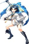  blood blue_hair boots cape feathers hair_feathers injury male_focus official_art open_mouth shorts solo sword taikogane_sadamune tantou toichi_(ik07) torn_cape torn_clothes touken_ranbu weapon yellow_eyes 