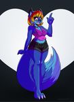  anthro clothed clothing eyewear fangs feline female glasses hi_res looking_at_viewer mammal navel open_mouth simple_background smile solo standing sweetsushi teeth tongue 
