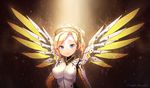  absurdres armor artist_name bad_id bad_pixiv_id blonde_hair blue_eyes bodysuit breastplate breasts emblem eyebrows eyebrows_visible_through_hair goyain headgear highres large_breasts lips looking_at_viewer mechanical_halo mechanical_wings mercy_(overwatch) overwatch ponytail short_hair short_ponytail smile solo spread_wings upper_body wing_print wings yellow_wings 