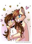  anthro breasts cute duo featureless_breasts feline female hi_res hug hybrid male mammal nude simple_background smile standing sweetsushi 