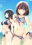  arms_behind_back ass ass_visible_through_thighs bangs bikini black_hair blue_bikini blush breasts brown_eyes brown_hair cleavage groin hairband kasumigaoka_utaha katou_megumi long_hair looking_at_viewer medium_breasts mizoguchi_keiji multi-strapped_bikini multiple_girls navel red_eyes saenai_heroine_no_sodatekata short_hair smile standing striped striped_bikini swimsuit twitter_username underboob 